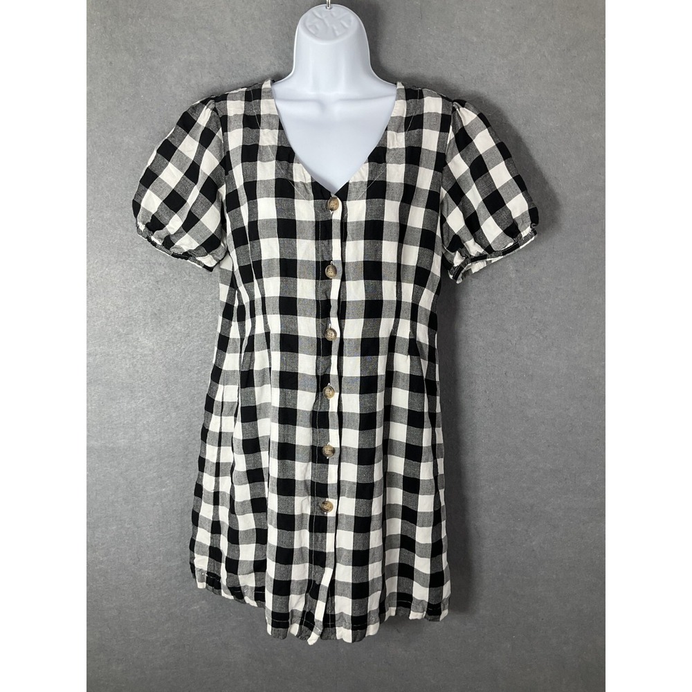 Loft Dress Womens Sz 8 Black White‎ Gingham Linen V-Neck Lined Puff Sleeve Mini